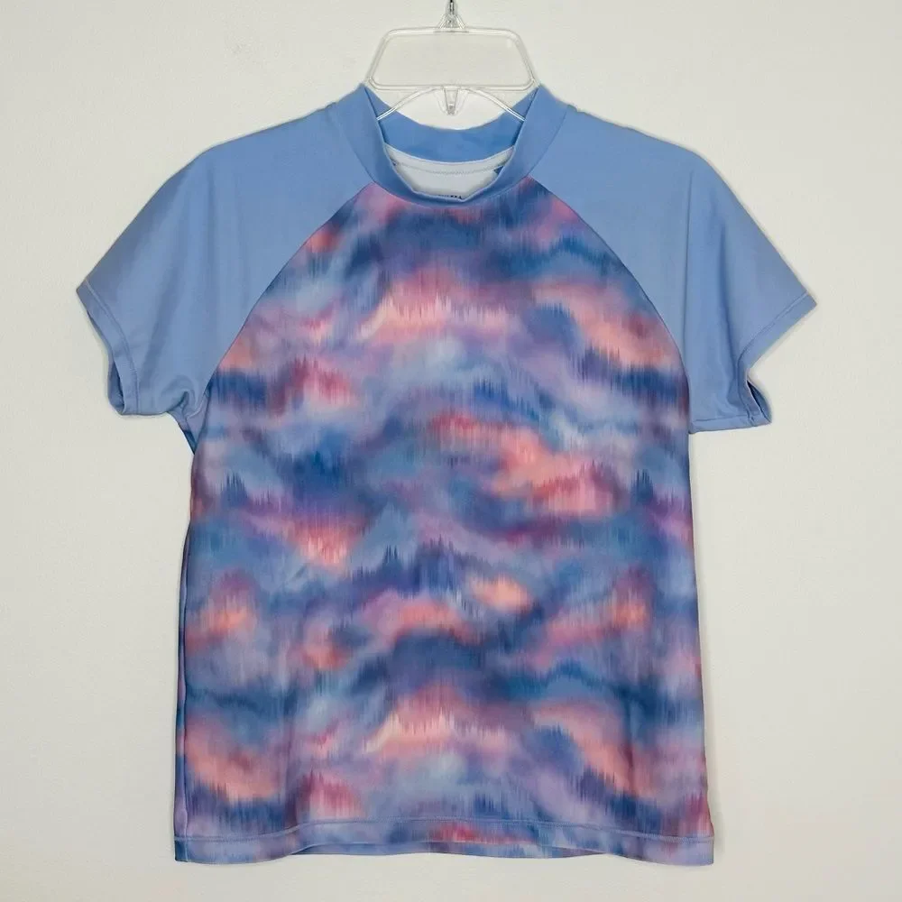 Athleta Girl Mock Neck Rashguard Swim Top Color Sunset Blue and Pink Size XL